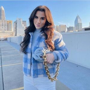 Blue and White Checkered Women's Sherpa Jacket